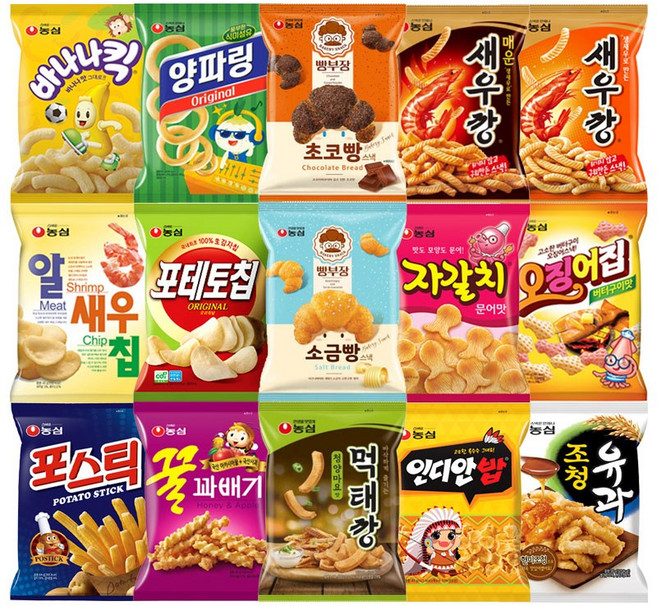 농심 인기스낵 15종 세트, 1개, 바나나킥, 양파링, 빵부정, 새우깡, 소금빵, 초코빵,포테토칩, 꿀꽈배기, 오징어집, 인디언밥, 조청유과