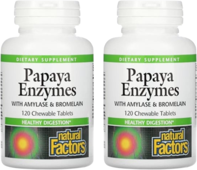 Natural Factors 아밀라아제 및 브로멜라인이 함유된 파파야 효소 츄어블 120정 2개