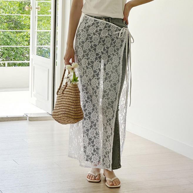[국내제작 고퀄리티] 뮤앤뮤즈 미디 롱 레이스 레이어드 스커트 시스루 랩 치마