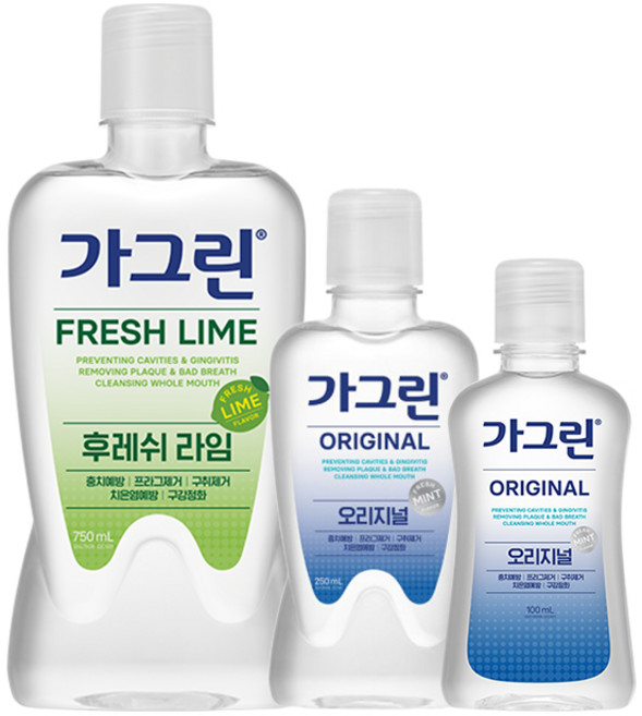 가그린 후레쉬 라임 750ml + 오리지널 (250ml +100ml) 구강청결제, 1세트, 1.1L