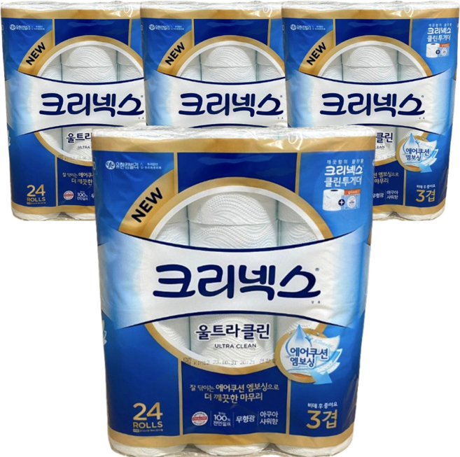 크리넥스 천연펄프 3겹 울트라클린 25m 24롤 x 4개