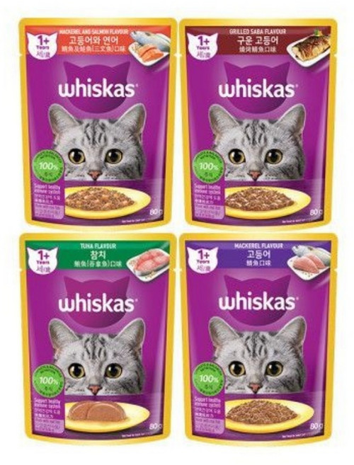 위스카스 고양이 파우치 고등어연어 참치 고등어 구운고등어 4종6개씩 혼합24개, 1개, 위스카스팩 혼합4종 6개씩