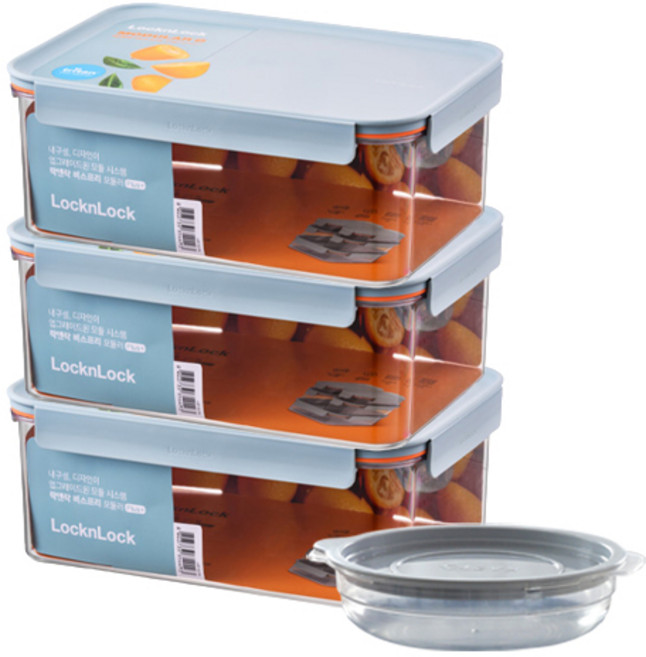 락앤락 비스프리 모듈러 플러스 민트 [+가쯔 용기] 밀폐용기 반찬통 냉동밥보관용기 냉장고 냉동실 정리용기 소분용기 야채보관용기 국냉동보관, 직사각 3.5L, 3개