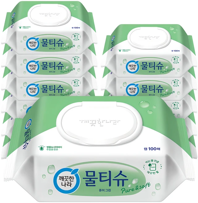 깨끗한나라 퓨어 그린 물티슈 캡형, 100매, 12개 - 쿠팡