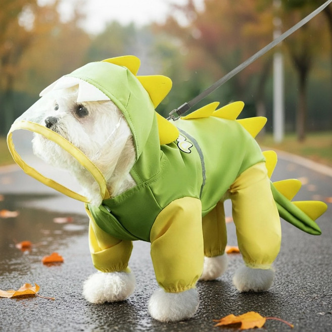 Tinduo 비 오는 날 네 발 방수 입체 공룡 가방 꼬리 애완 우비, 1개, 녹색