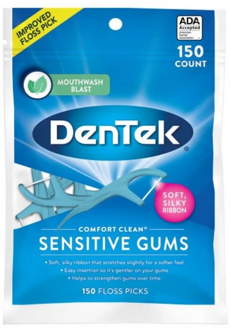 Dentek Floss Picks 컴포트 클린 센서티브 잇몸 치실 픽 부드럽고 실키한 리본 150개입 (1팩) 320865, 1 - 쿠팡