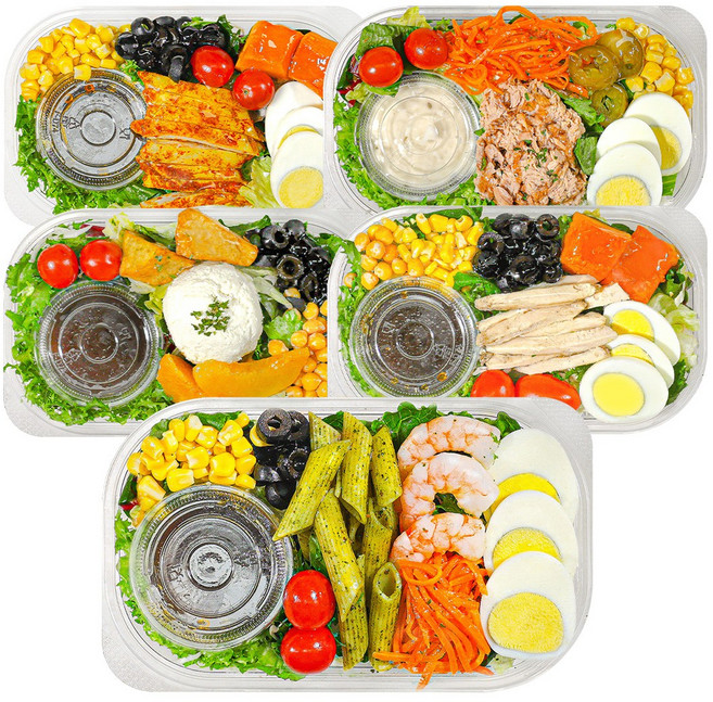 [한끼그린] 5팩 샐러드 고단백 다이어트 식단 총1.49kg(탄두리 닭가슴살+참치마요+리코타+닭가슴살 샐러드I+새우바질), 1.49kg, 1개