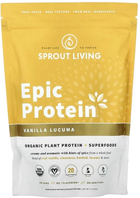 스프라우트 리빙 에픽 프로틴 오가닉 플랜트 프로틴 슈퍼푸드 바닐라 루쿠마 Sprout Living Epic Protein® Organic Plant Protein + Superf, 1개, 456g - 쿠팡