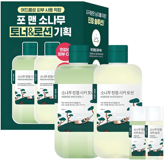라운드랩 포 맨 소나무 진정 시카 토너 + 로션 세트, 1세트 - 쿠팡