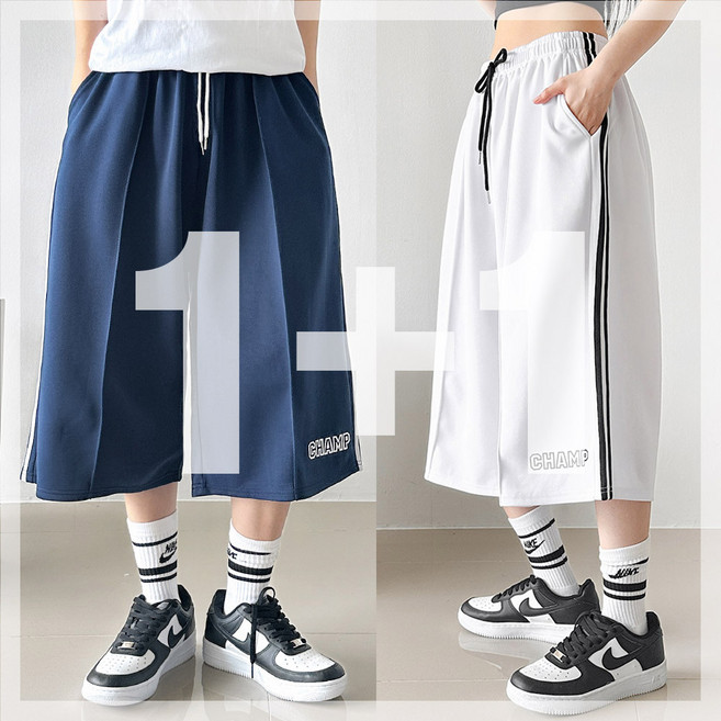 [1+1] 챔프 투라인 버뮤다 트레이닝 와이드 반바지 허리밴딩 트랙 7부 오버팬츠 스트릿 루즈핏 데일리 남녀공용