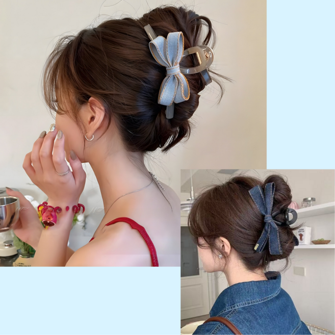 레트로 데님 리본 올림머리 헤어 집게핀
