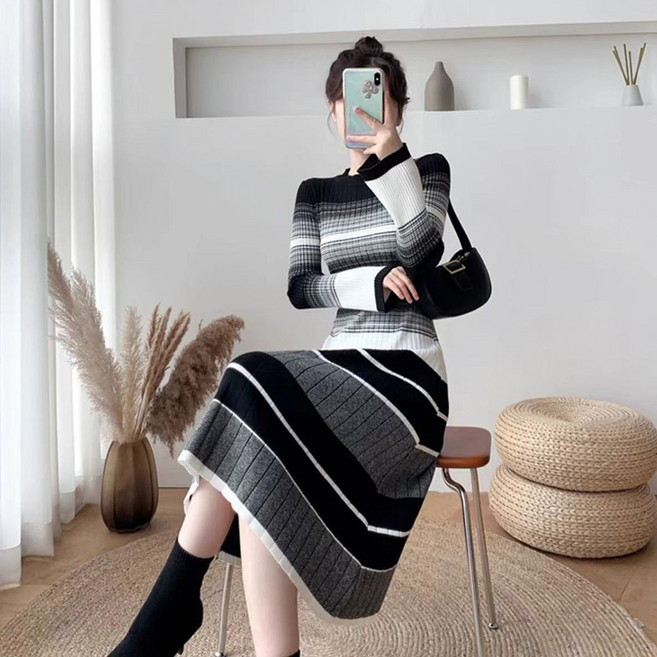 메인워크 여성 라운드넥 니트 원피스 긴팔 봄가을 간절기 스판 스트라이프 루즈핏 데일리 기질 심플 트위그 하객룩 니트 스커트