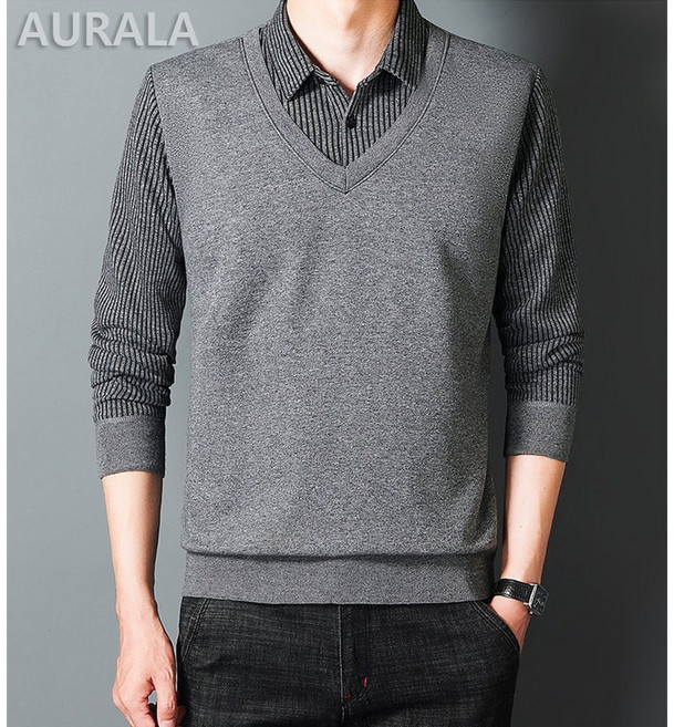 AURALA 중년 남성 아빠룩 베이직 기모 니트 루즈핏 카라넥 긴팔 니트 티셔츠