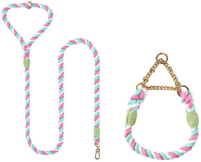 강아지 리드줄 패션 강아지 줄 세트 두께 12mm 스트롱 로프 슬립 강아지 목줄, 1개, 벚꽃 핑크