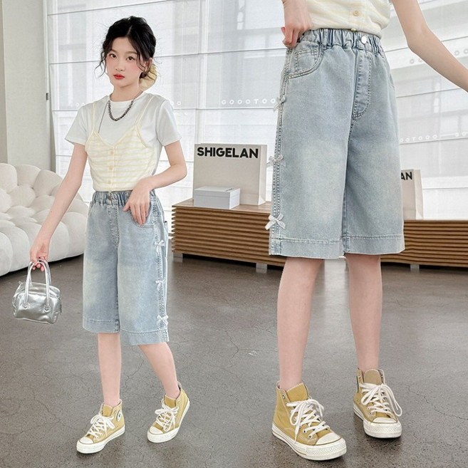 알리팡 아동 청반바지 쥬니어 5부 리본 포인트