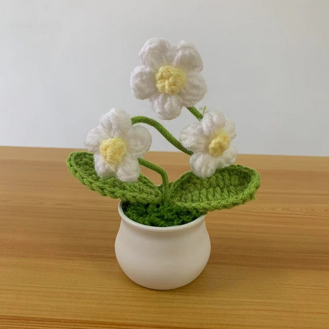 向日葵編織花盆栽 太陽花毛線花束 畢業禮物 婚禮小物 辦公室療癒擺件, 白色泡芙+藝術彎花+小盆栽