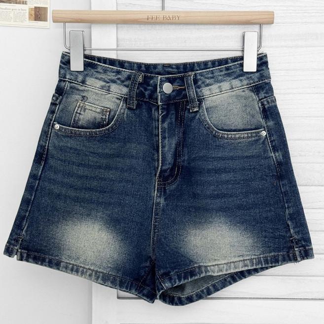 高腰顯瘦側開叉A字刷色牛仔短褲 丹寧短褲女