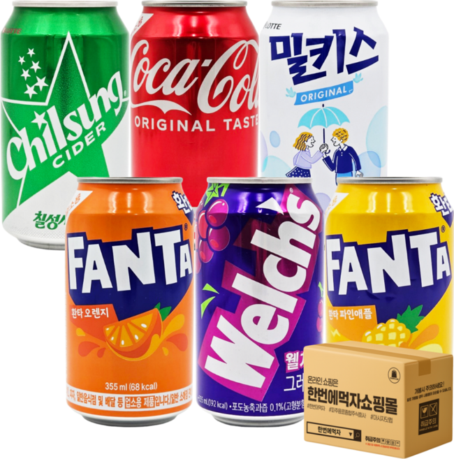 [한번에먹자] 340ml~355ml 탄산음료세트 6종 24입 ( 칠성사이다 + 코카콜라 + 밀키스 + 환타 오렌지 + 웰치스 포도 + 환타 파인애플 ) 업소용캔음료 식자재 PC방, 24개, 340ml