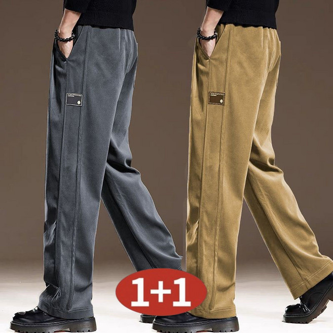 AOKADA 1+1 남성 가을 겨울 기모 와이드 팬츠 데일리 일자 카고 슬랙스 바지