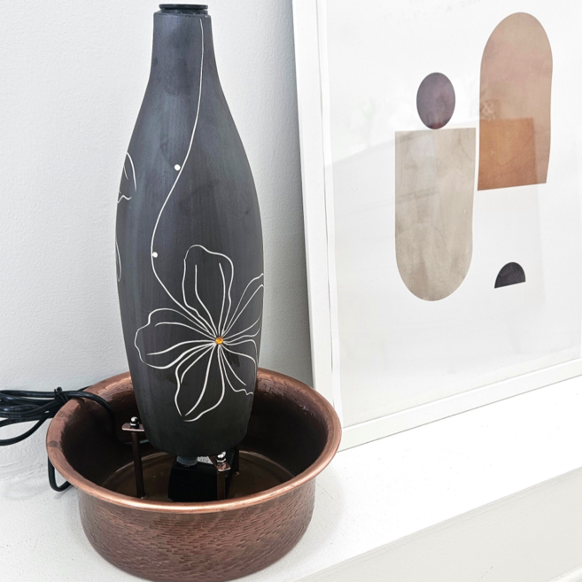 쿠칭아일랜드한국 이천도자기 실내분수 미니 분수대 미니폭포 천연가습기 한국 핸드메이드 동99.9% 풍수 재물복 힐링테라피 개업선물, 블랙