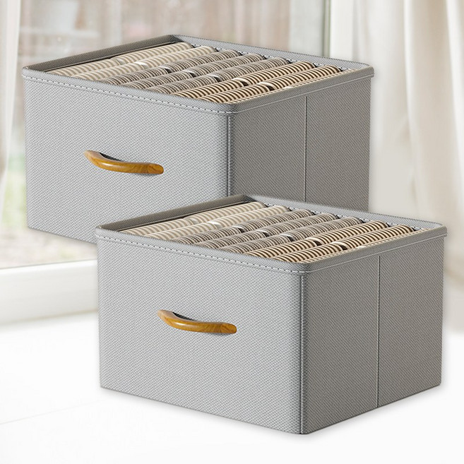 디모어 각잡힌 우드손잡이 다용도 패브릭 옷 정리 수납박스, 2개, 그레이, 중형