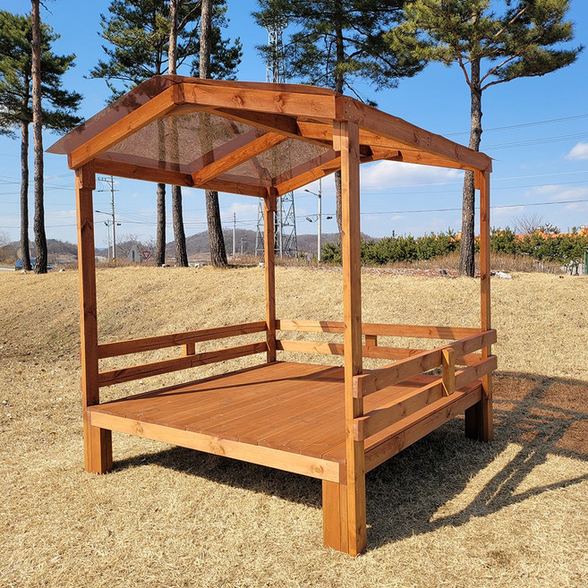 [자연쉼터] 조립식 지붕 평상 7.5자 (1800_2280) 야외 방부목 등받이 난간 평상마루, C.평판-박공형(7.5자), b1)3면등받이형 무도색(도색없음)