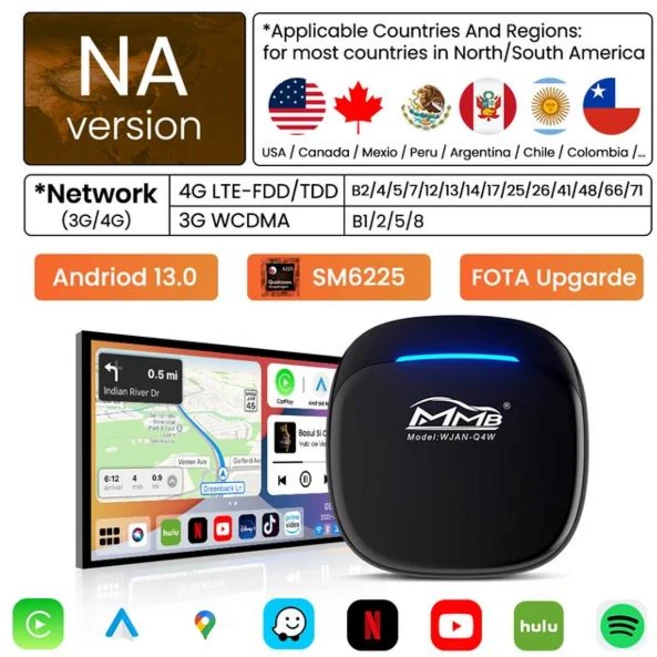 차량용 자동차 핸즈프리 카플레이 카팩 2024 MMB AI 박스 안드로이드 13.0 QCM6225 8 코어 자동 무선 어댑터 2.4 5GGPS 8G 128G FOTA 업그레이드, [01] NA Android 13 LED, 2) NA Android 13 LED - 쿠팡