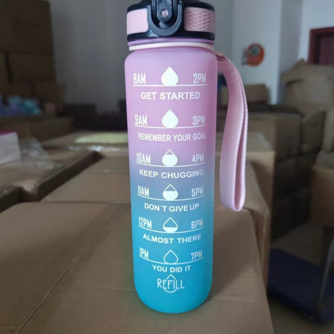 1000ML 彈跳便攜水壺 時光刻度提醒飲水, 粉綠色, 1套, 1L