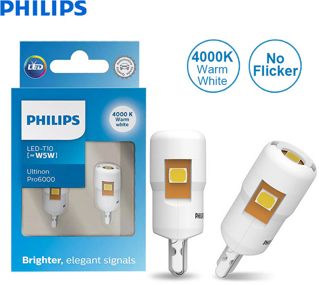 필립스 LED T10 W5W Ultinon Pro6000 흰색 밝은 자동차 인테리어 램프 방향 지시등 플래시 깜박임 없음 오, 01 4000K Warm White LED, 01 T10