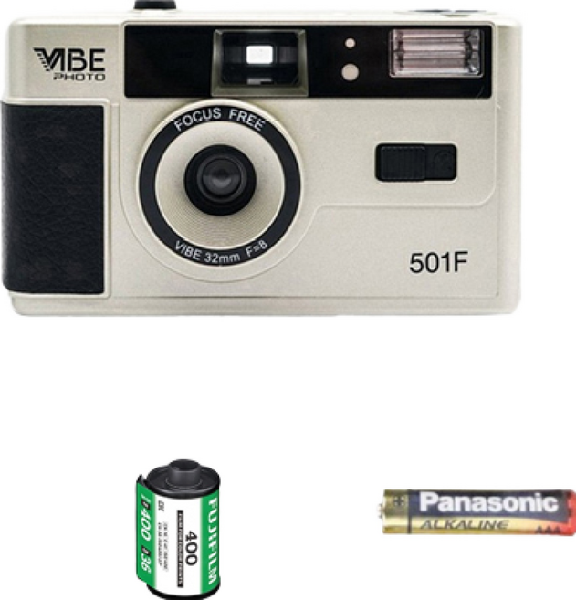 VIBE 501F 底片相機 復古膠卷相機 內建閃光燈, 香檳銀+富士36張軟片+電池, 1個