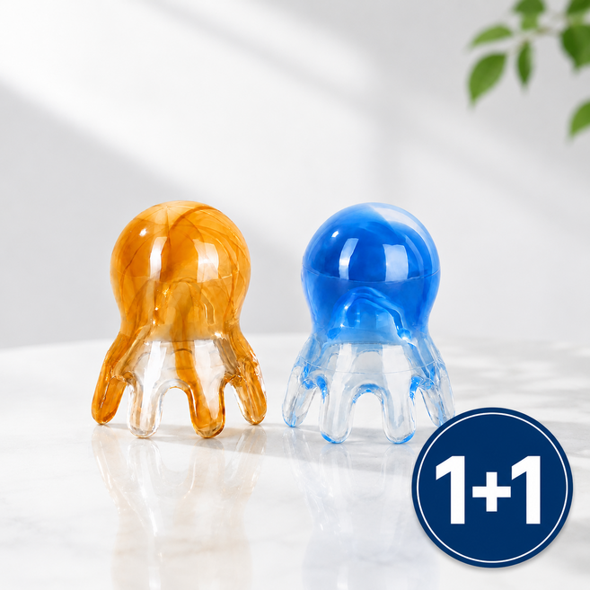 크라운 문어 괄사 두피 전신 마사지기 1+1 세트, 브라운&블루, 1세트