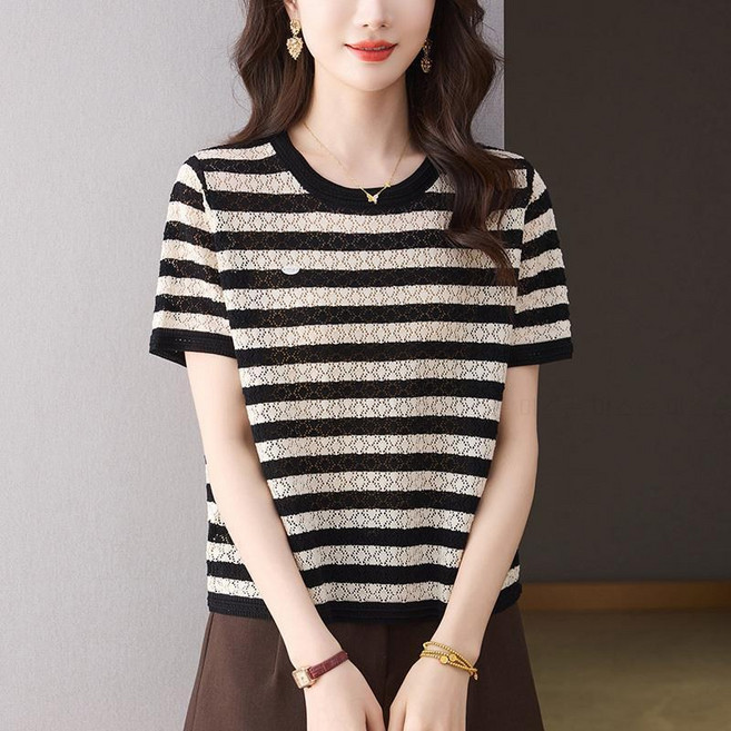 미스손 여성 펀칭 니트 반팔 티셔츠 40대 50대 엄마 스트라이프 여름옷 MQ26B130