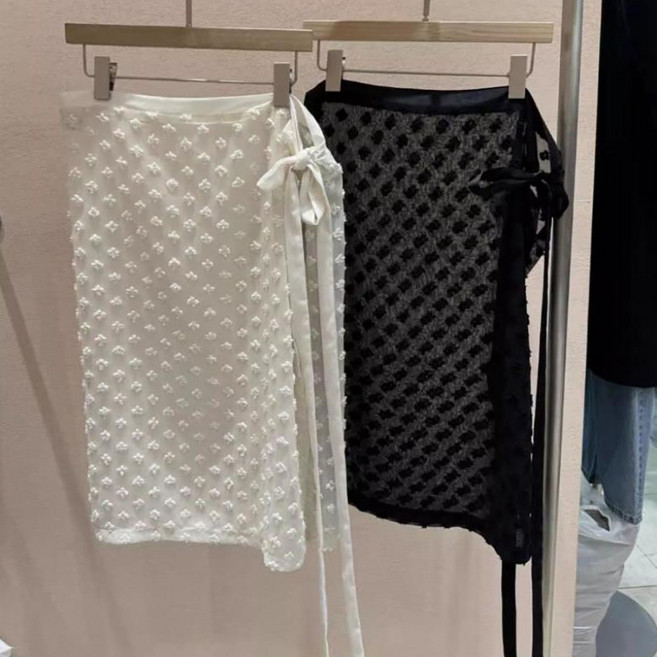 ROYALBELLE 여성 레이어드 시스루 레이스 랩 스커트 리본 끈 디테일 미디 스커트 F01030215