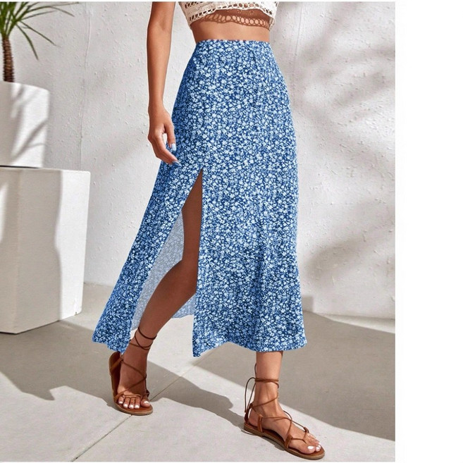 【復古優雅】半身裙 碎花裙 開叉裙 高腰裙 雪紡裙 百褶裙 鬆緊腰設計 四面彈力 春夏新款 度假通勤穿搭