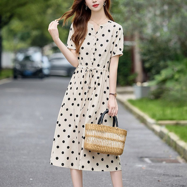 여성 면 마 원피스 봄 여름 캐주얼 도트 프렌치 롱 치마 여자 패션 슬림핏 린넨 반팔 원피스 WMY