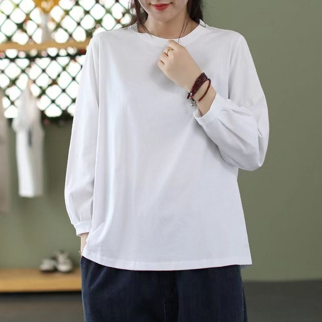 素色 100%純棉 長袖T恤 寬松圓領上衣