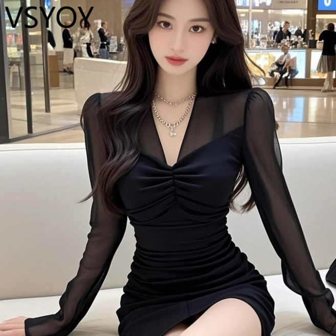 vsyoy 프랑스 스타일 메쉬 스티칭 디자인 블랙 내부 원피스 여성의 봄 새로운 달콤하고 뜨거운 스타일 순수 슬림 핏 스커트