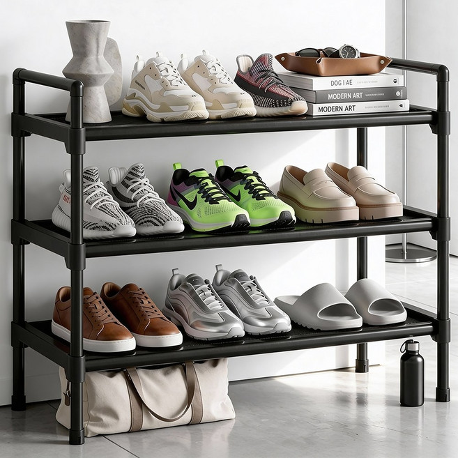 라온프리 튼튼한 현관 신발장 정리대, 3단, 블랙 60cm