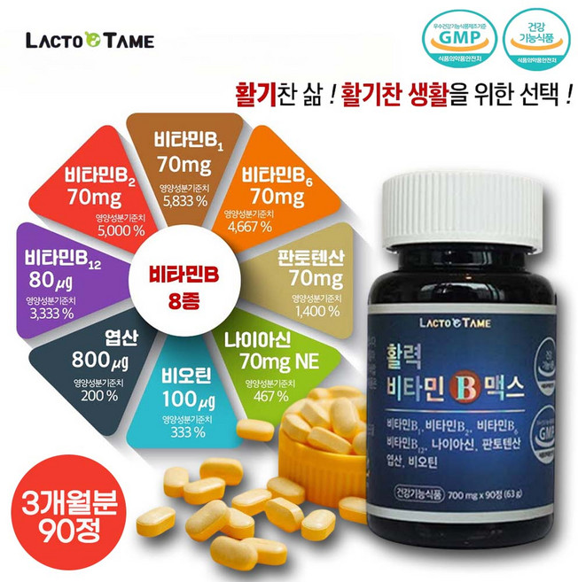 락토테미 고함량 활력비타민B 맥스 에너지 90정 활기찬삶&생활 8종활력비타민B군, 1박스
