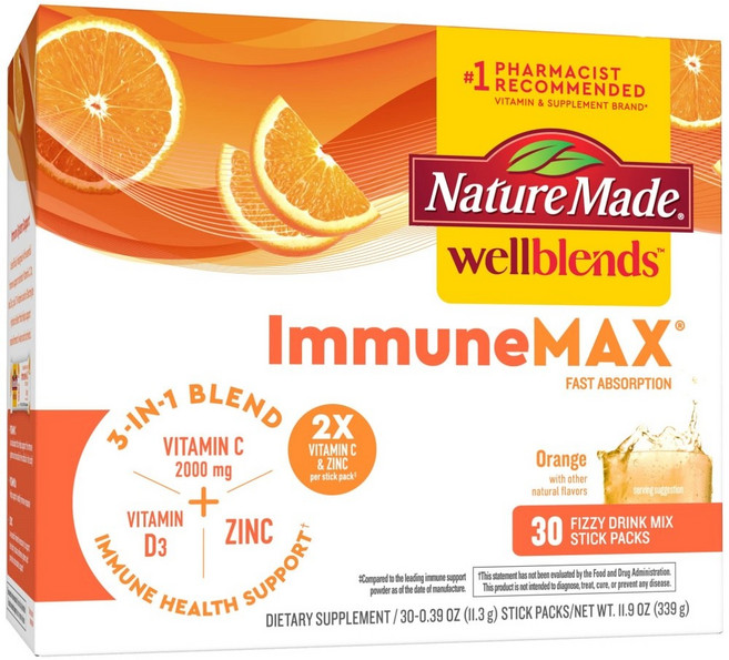 네이처메이드 이뮨맥스 비타민 C 2000 mg 비타민 D3 비타민 B 아연 30스틱 팩, 오렌지맛 30스틱, 1개, 339g