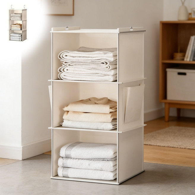 공간절약 옷장 걸이 수납선반 다층형 베이지 3칸형, 1개