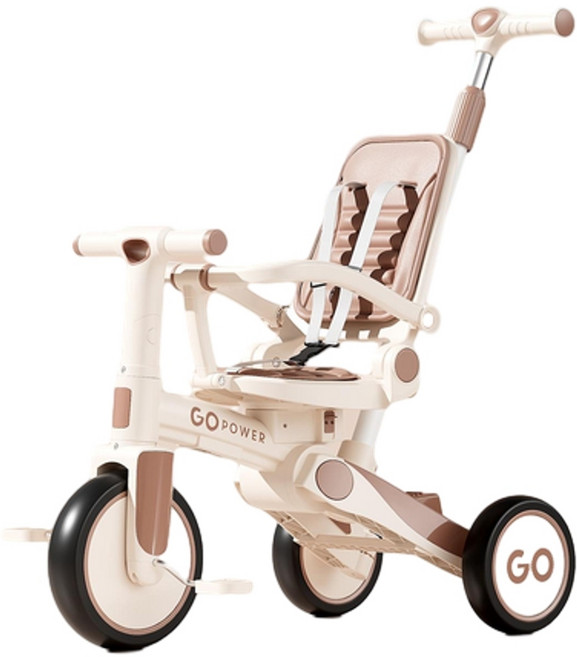 GOPOWER 兒童三輪腳踏車 1-3歲可坐可騎可推車, 淺棕色, 20