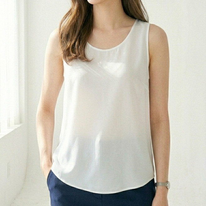 ANDF 여성 쉬폰 라운드넥 민소매 블라우스 은은한 비침 이너 나시