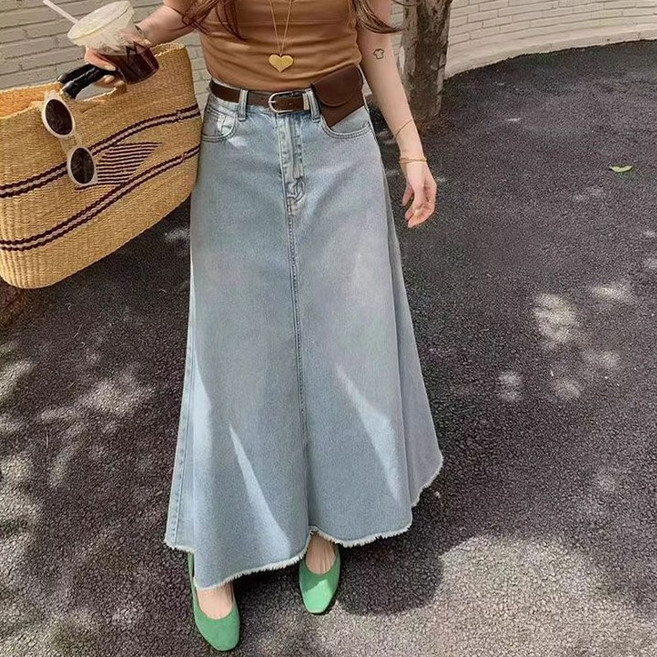 빅사이즈 여성 롱 데님 스커트 루즈핏 A라인 플레어 치마 데일리룩