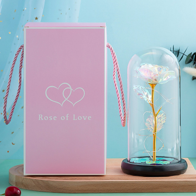 Clybo 영생화 유리커버 발광 LED 램프 금박 장미꽃, 장미+램프+3잎