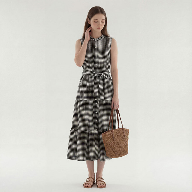 [SML] 여성 레아 리본 체크 슬리브리스 롱 원피스 여행룩