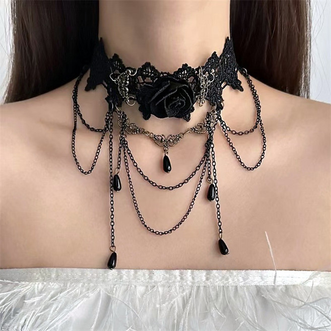 아이루리 고딕 무드 흑장미 레이스 드롭 체인 초커 시크 다크 할로윈 파티 포인트 목걸이