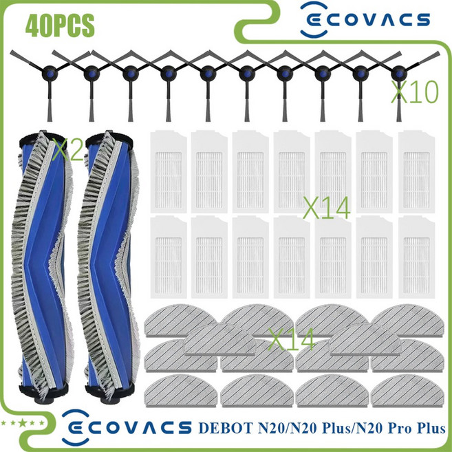 Ecovacs DEBOT N20 N20 PLUS N20 PRO PLUS 진공 부품 메인 롤러 사이드 브러시 Hepa 필터 걸레 패드 천 액세서리에 적합, 40PCS