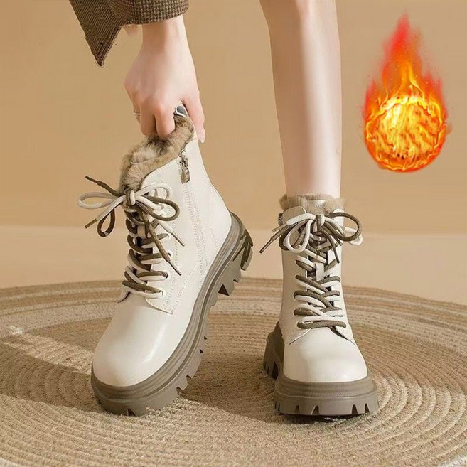 TKX 워커 여성 가을 겨울 따뜻한 털 안감 레이스업 소가죽 부츠 발볼넓은