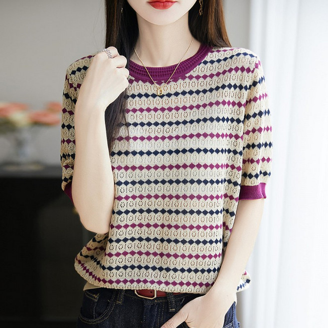 SAHINER 여성 반팔 니트 티셔츠 스트라이프 펀칭 슬림핏 데일리 ATX76